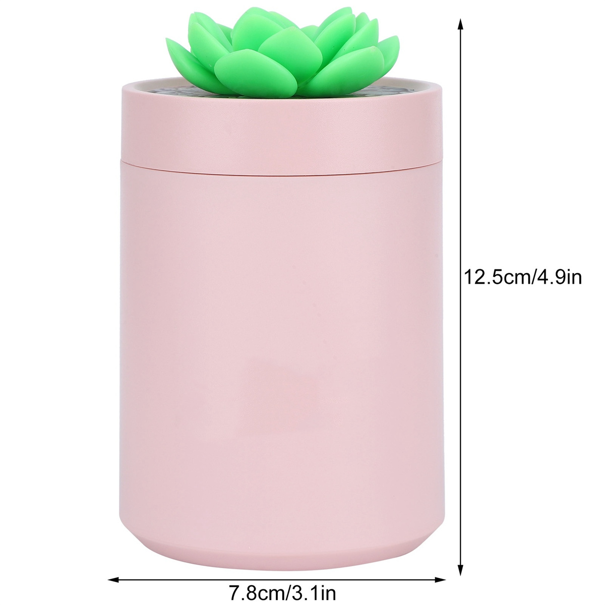 Ein rosa zylinderförmiger Behälter mit einer grünen Sukkulente oben. Abmessungen sind angegeben.