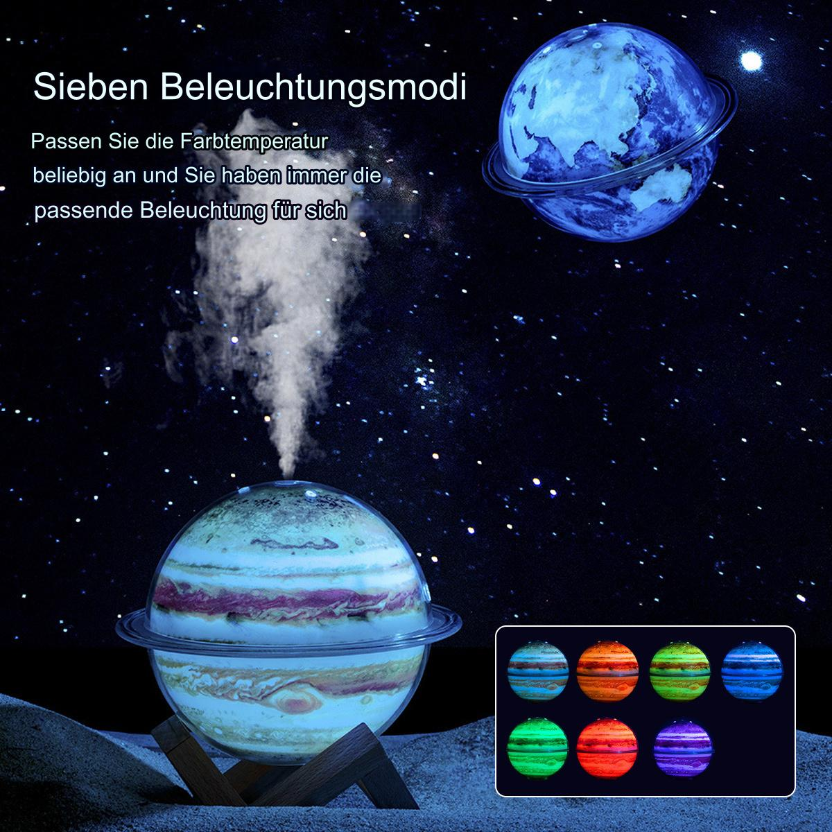 Luftbefeuchter mit Planetenmotiven, die Nebel abgeben. Planeten und ein Bedienfeld werden gezeigt.