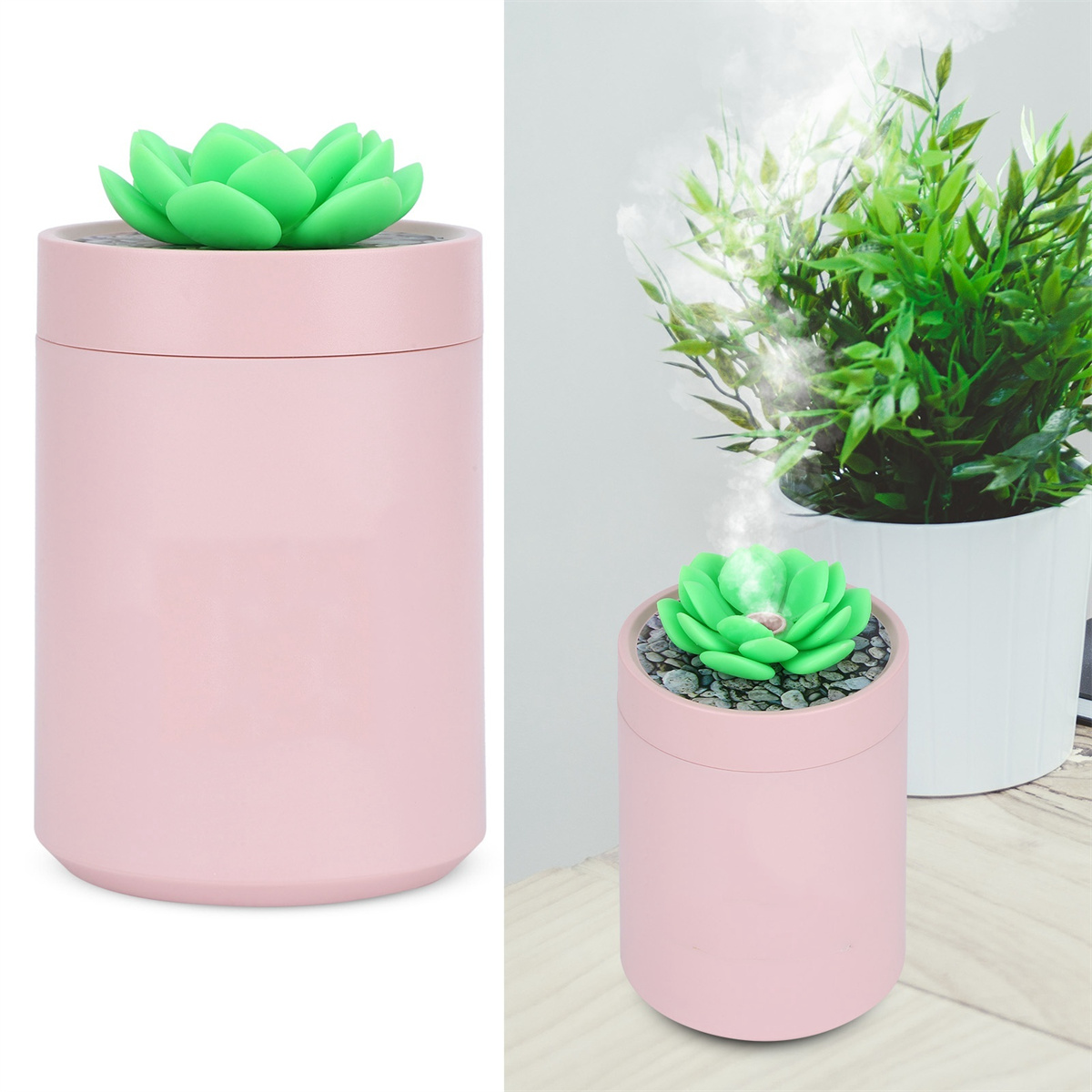 Zwei rosa zylindrische Luftbefeuchter mit grünen Pflanzenspitzen; einer links und einer rechts mit Pflanzen.