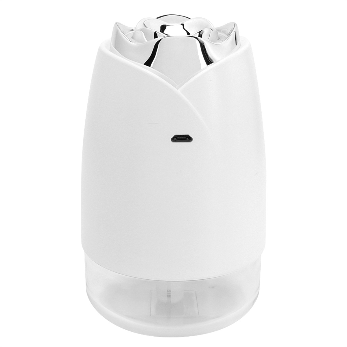 Weißes, tulpenförmiges Gerät mit USB-Anschluss vorne. Es hat eine transparente Basis.