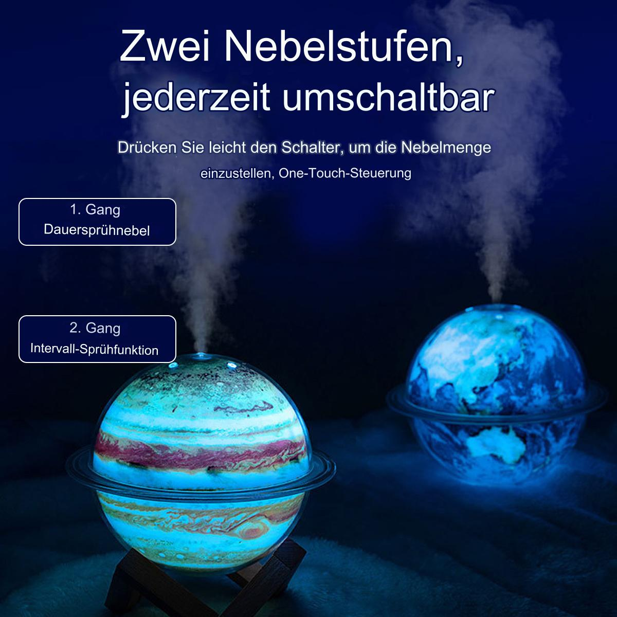 Zwei planetenförmige Luftbefeuchter mit verschiedenen farbigen Lichtern, mit Text zu Nebeleinstellungen.