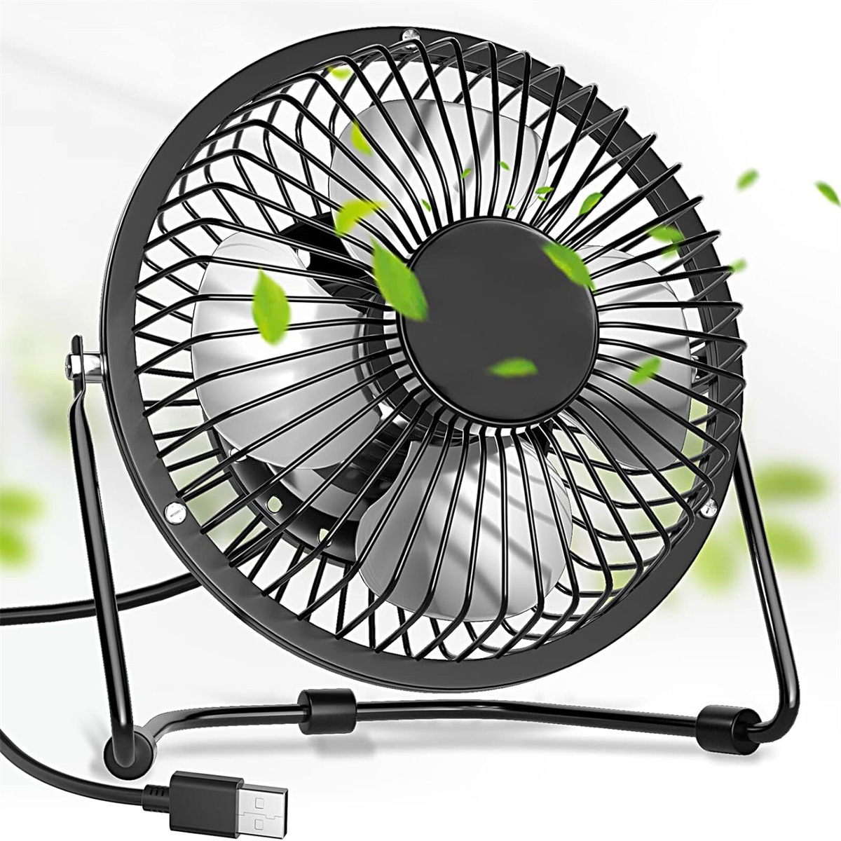 Ein kleiner schwarzer Schreibtischventilator mit Flügeln vor weißem Hintergrund.