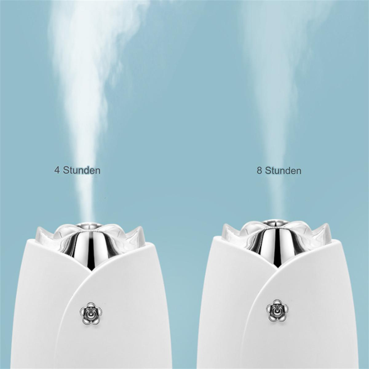 Zwei weiße Aromadiffusoren mit Dampf. Text: 4 Stunden und 8 Stunden. Diffusoren haben ein blumenartiges Design.