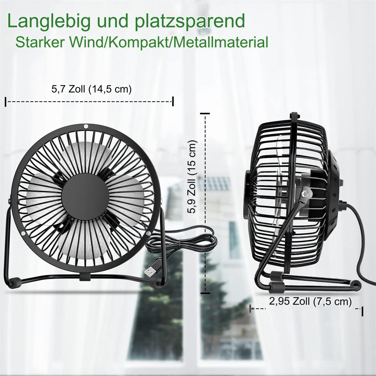 Schwarzer Tischventilator mit Abmessungen. Der Ventilator hat einen Käfig, Flügel und einen Standfuß.