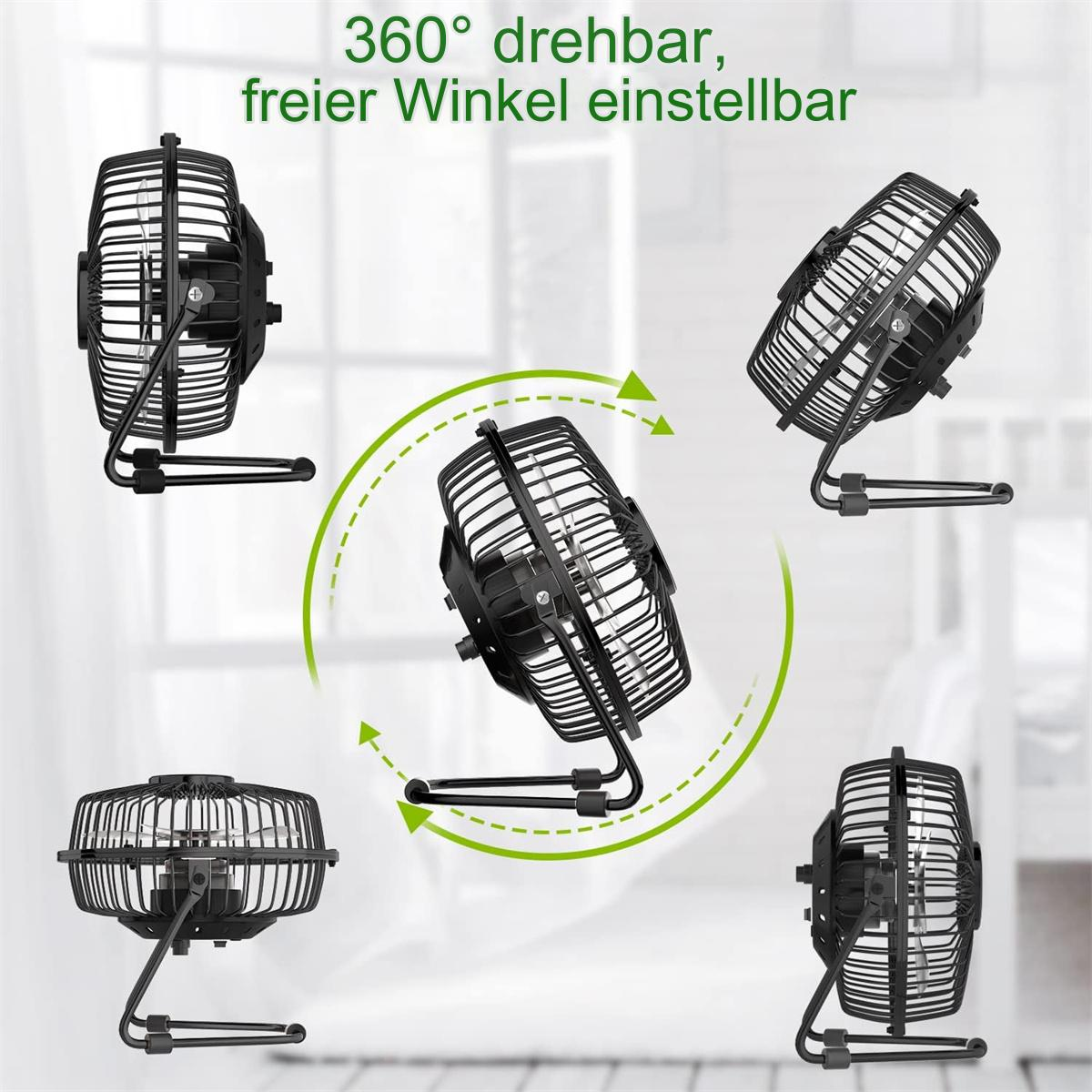 Ein schwarzer Ventilator mit mehreren Winkeln. Der Ventilator hat einen Ständer und einen Käfig. Pfeile zeigen die Verstellbarkeit.