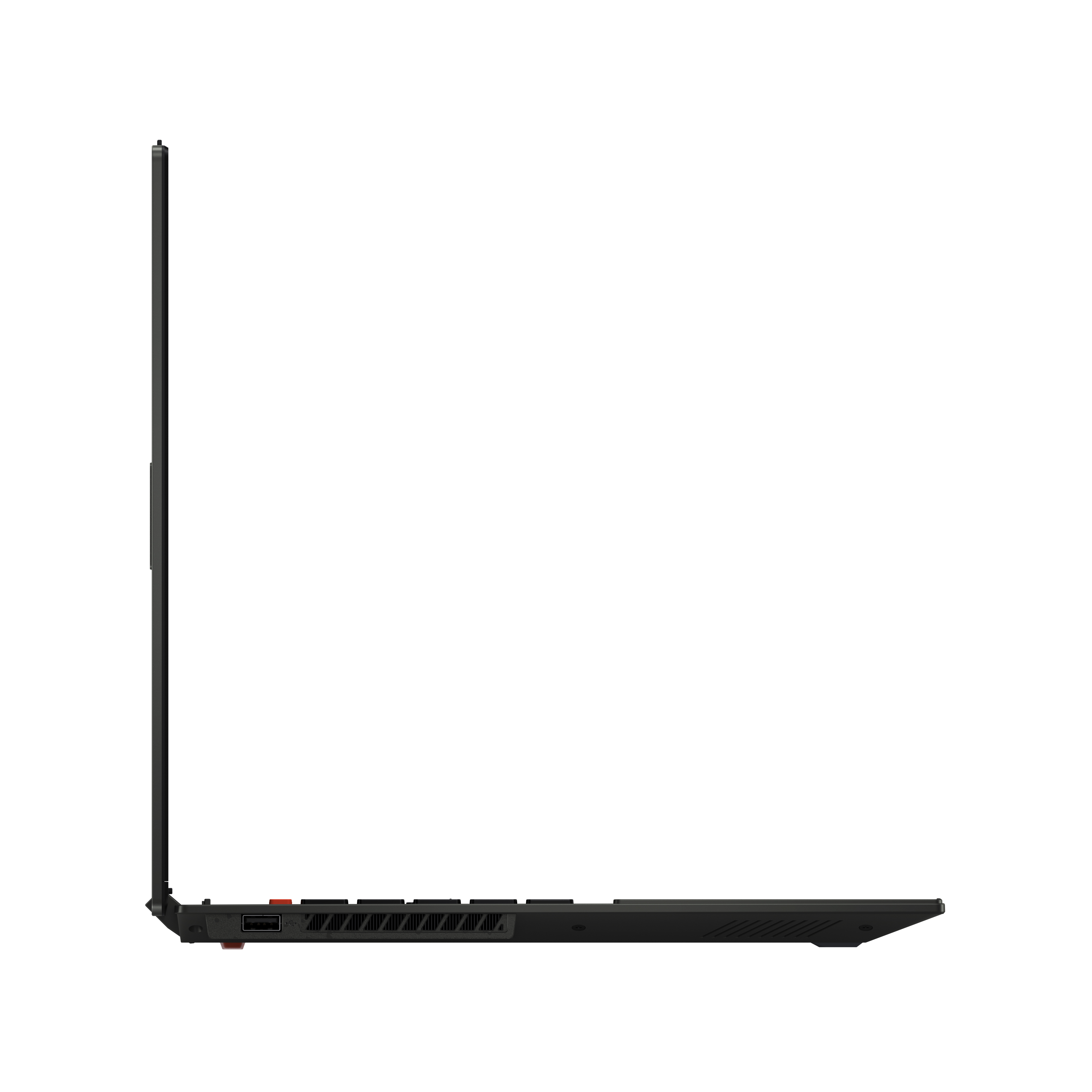 Lato di laptop nero, mostra porte e prese d'aria, isolato su bianco.