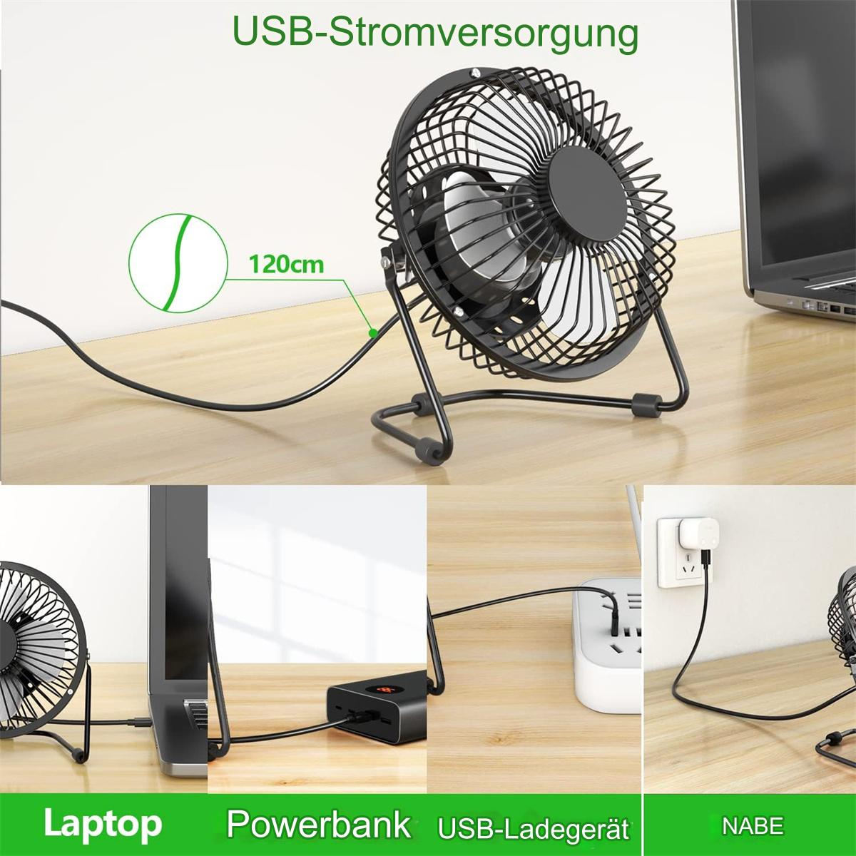 Kleiner schwarzer USB-Lüfter. Mehrere Bilder zeigen den Lüfter, der an Laptop, Powerbank und Steckdose angeschlossen ist.