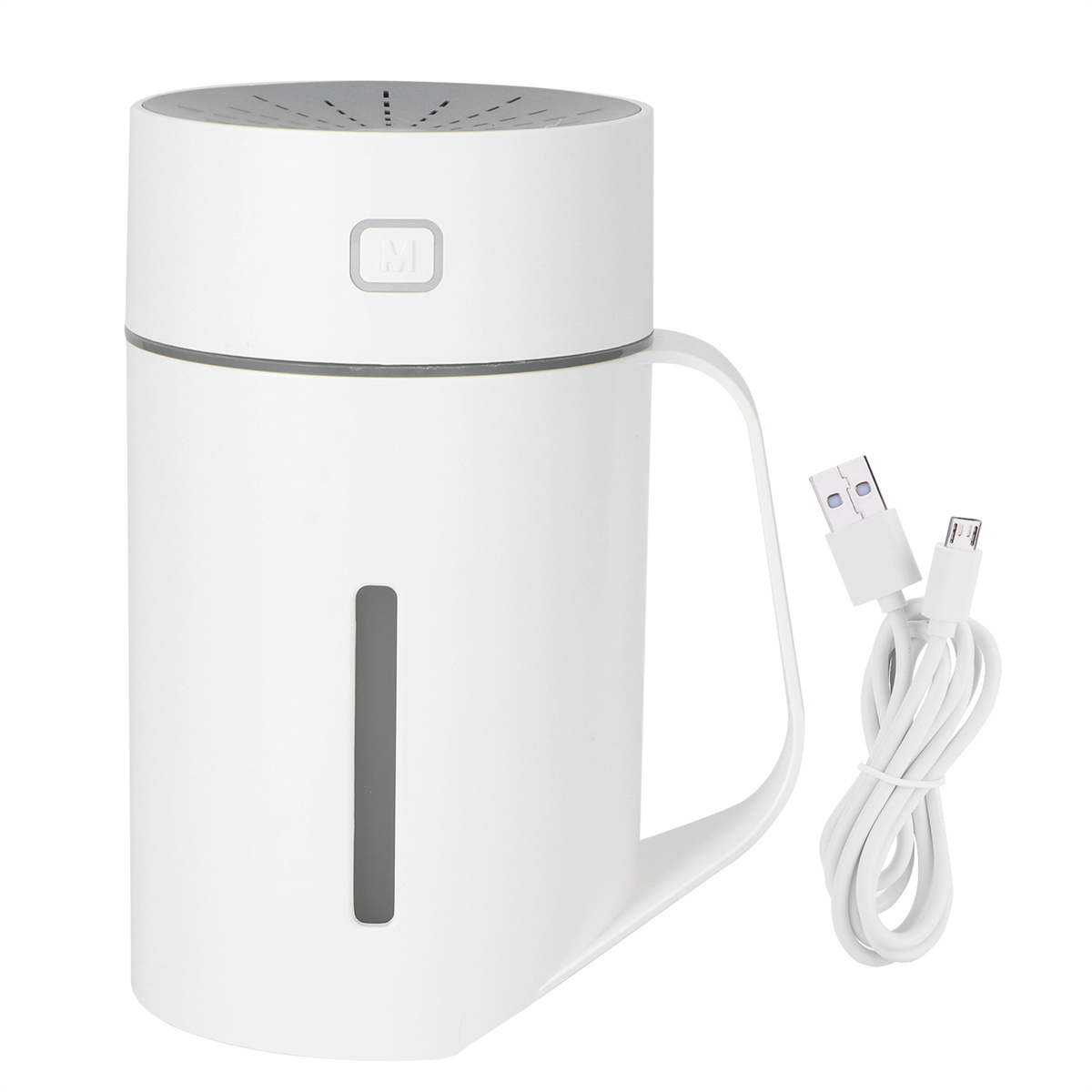 Weißer Luftbefeuchter mit Griff und USB-Kabel.
