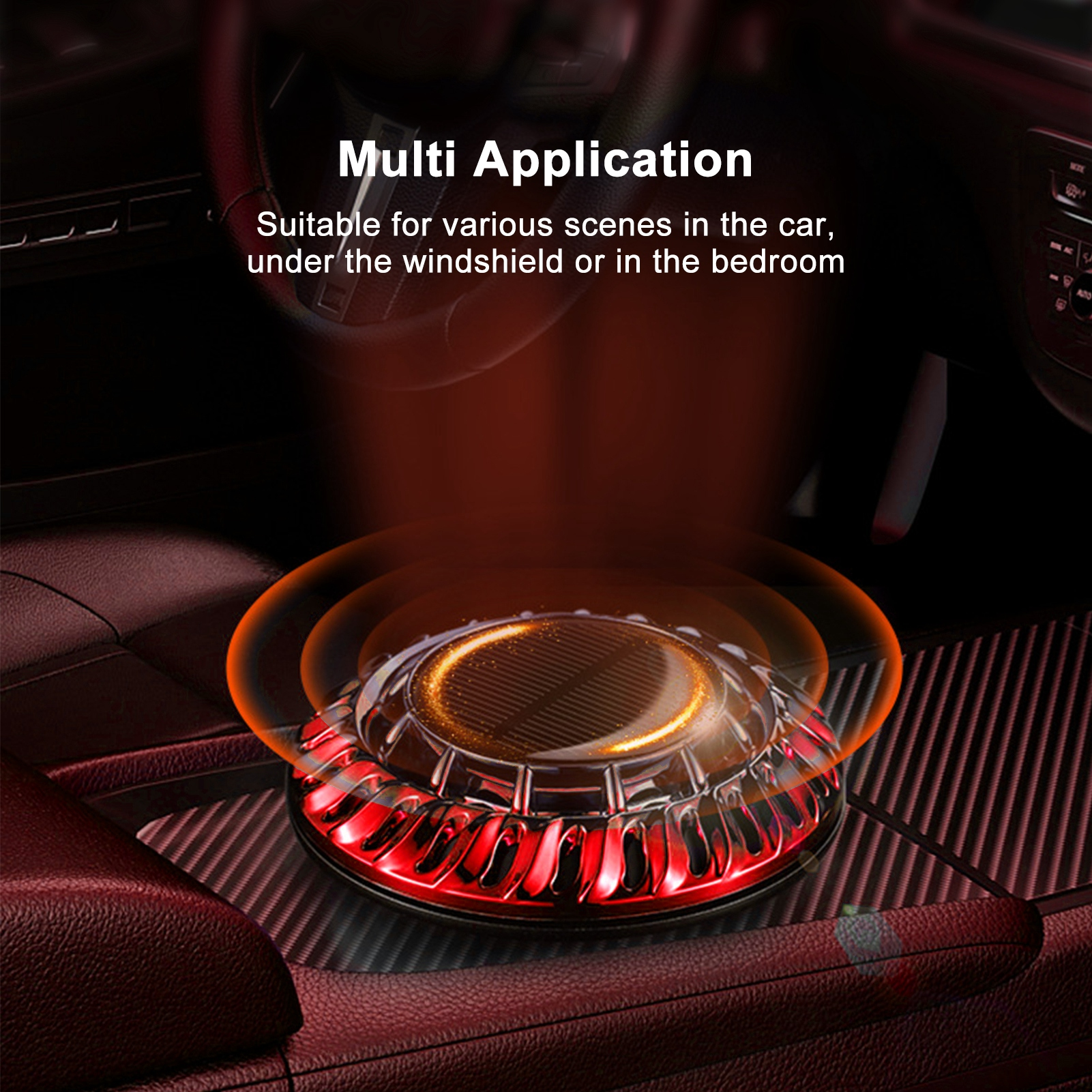 Ein Autointerieur mit einem Gerät, das rotes Licht emittiert. Text sagt 'Multi Application' und 'in the car'.