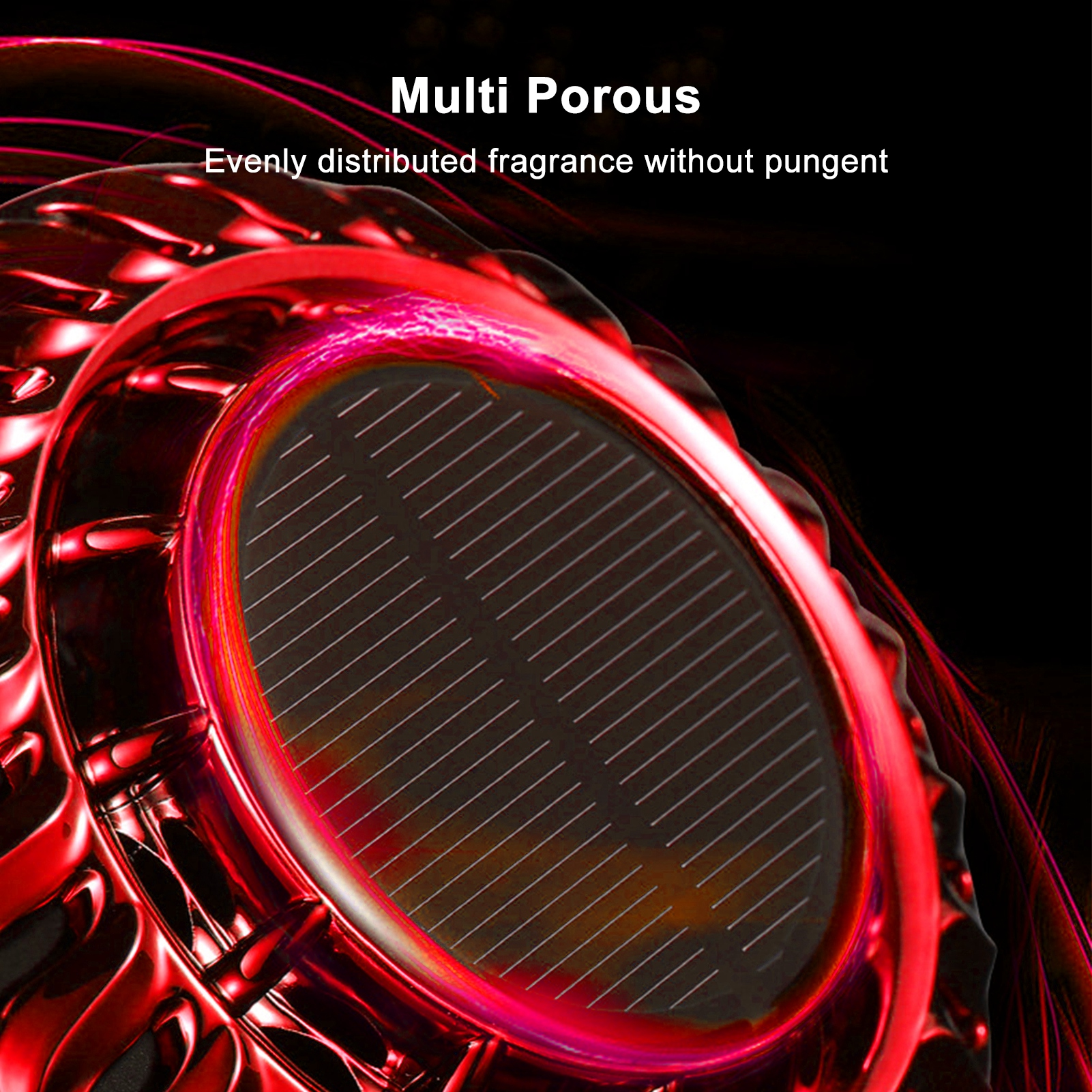 Nahaufnahme eines roten Solar-Geräts mit porösem Design. Text: 'Multi Porous' und 'Gleichmäßig verteilter Duft'.