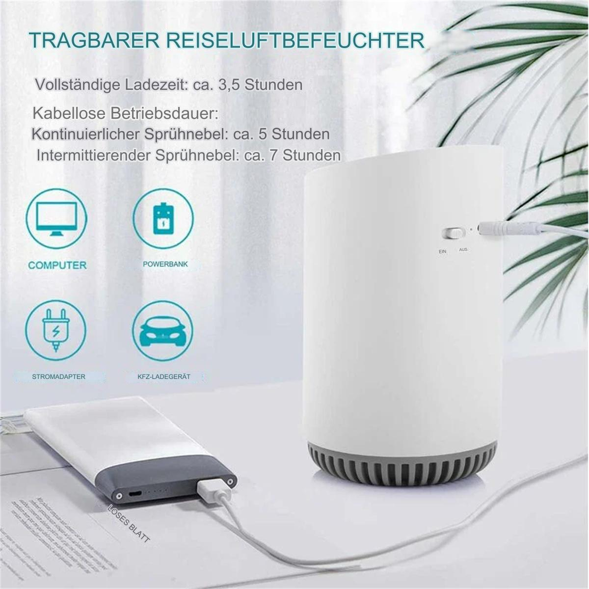 Ein weißer Luftbefeuchter mit Powerbank, Ladekabeln und Diagrammen, die seine Funktionen zeigen.