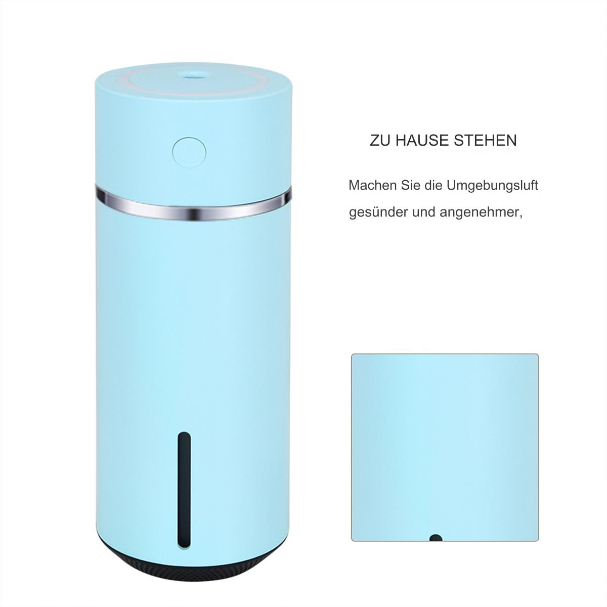 Ein hellblauer Luftbefeuchter mit Silberband und eine passende quadratische Box.