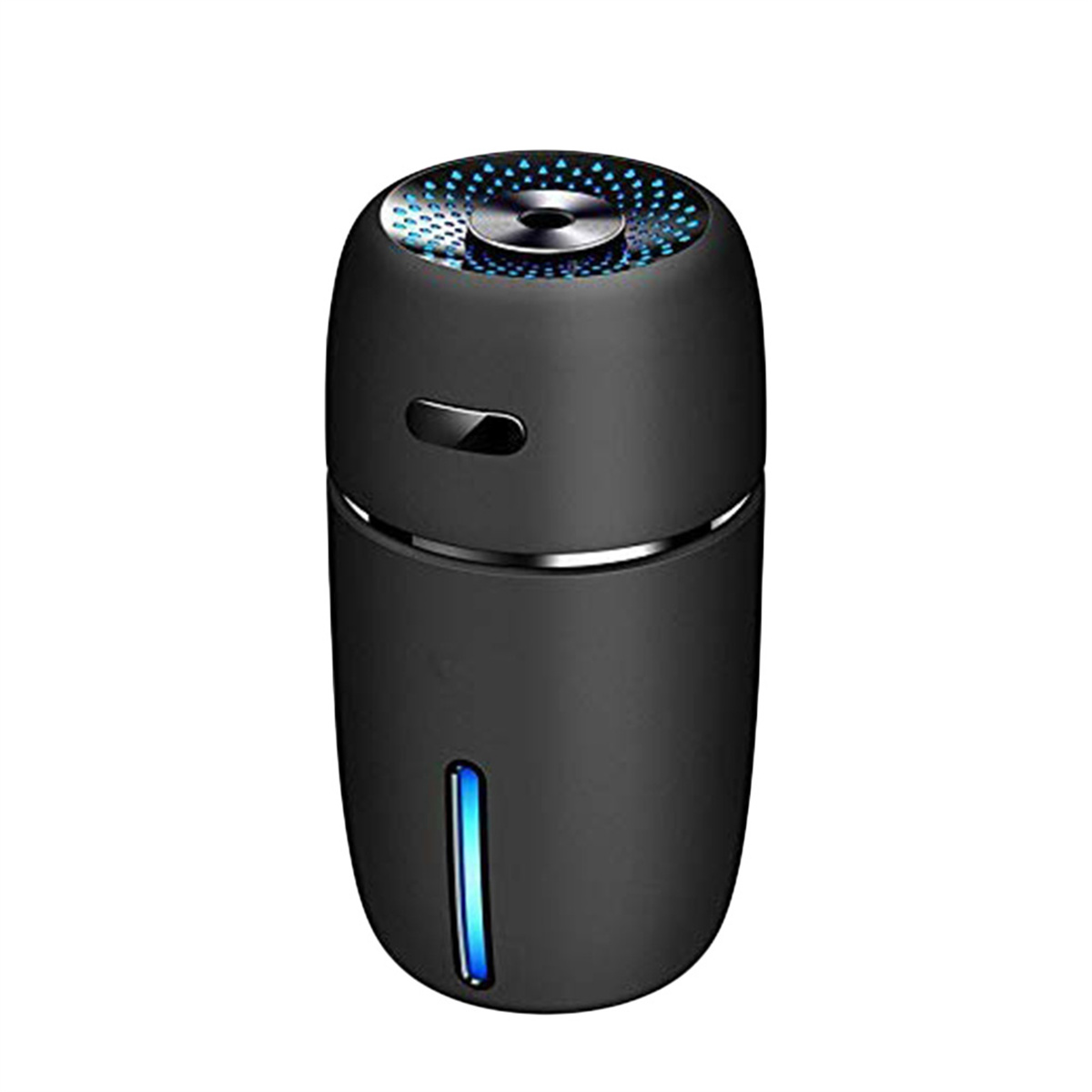 Schwarzer, zylindrischer Luftreiniger mit blauem Lichtindikator. Oberseite hat ein Grilldesign und unten ein blaues Licht.