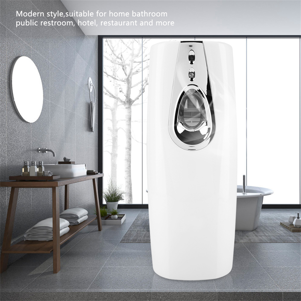 Ein weißer Lufterfrischer in einem Badezimmer mit Waschbecken, Spiegel und Badewanne, mit Text: Moderner Stil...