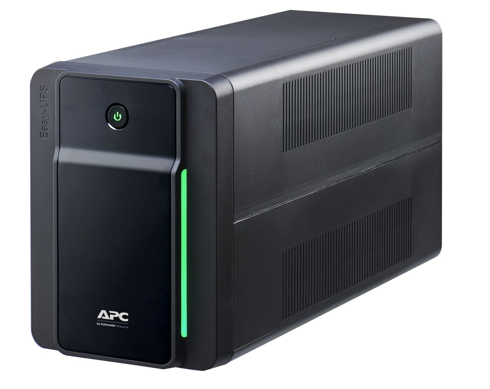 Un dispositivo APC Easy-UPS negro. Tiene un botón de encendido verde y una tira de luz verde en el lateral.