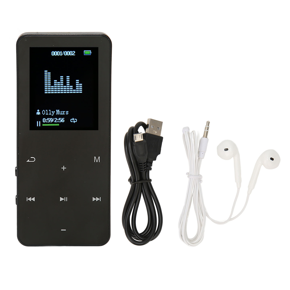 Schwarzer MP3-Player mit Bildschirm, Kopfhörern und Ladekabel.