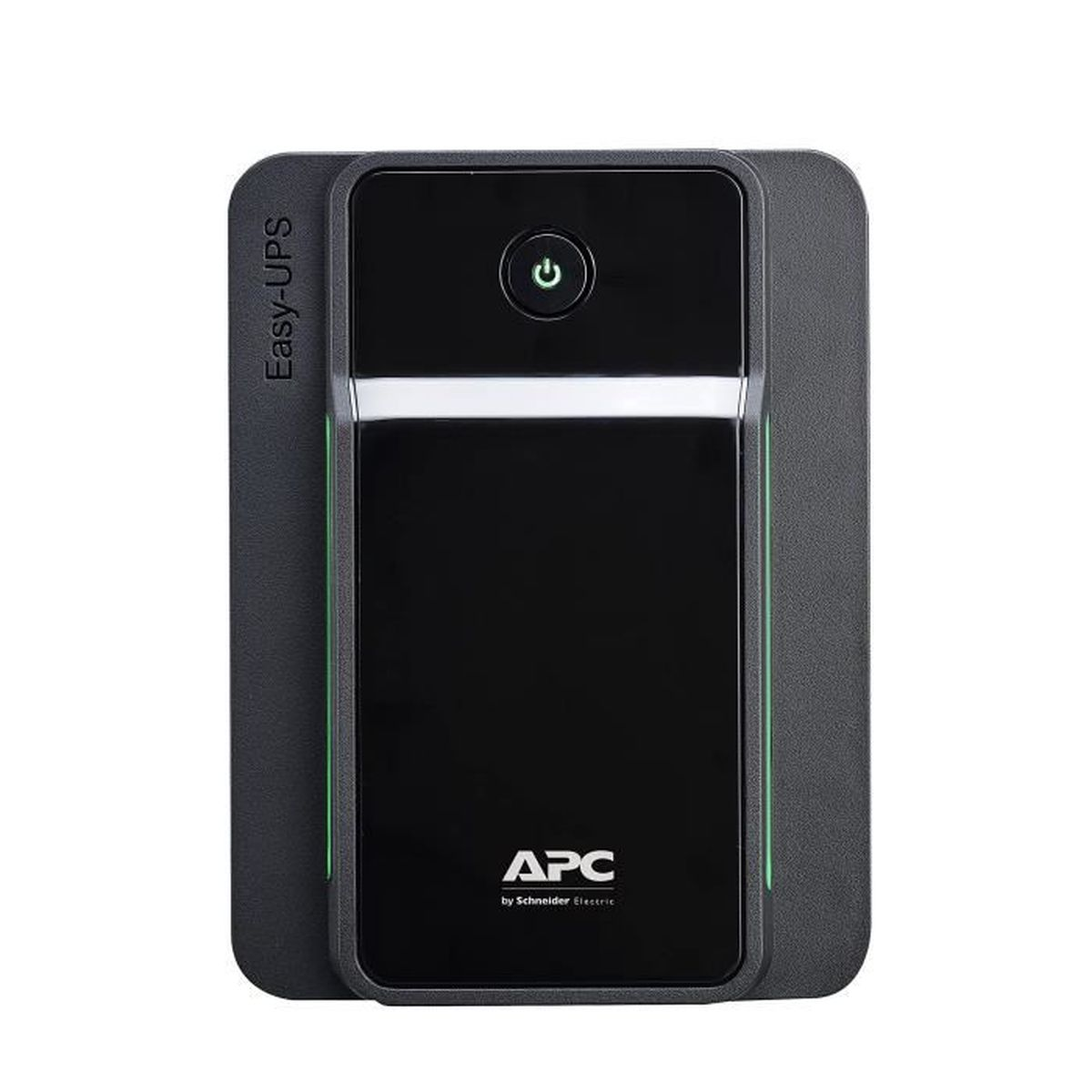 Schwarze APC Easy-USV. Sie hat einen Ein-Aus-Schalter. Das Logo ist APC.
