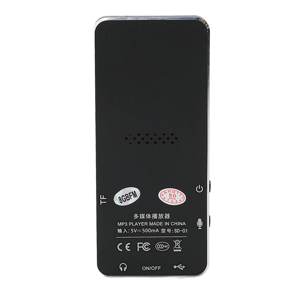Rückseite des schwarzen MP3-Players. Mit Bildschirm, Tasten und SD-Kartensteckplatz.