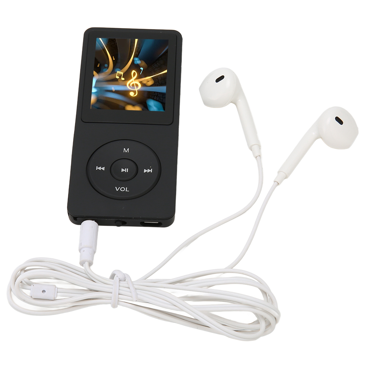 Schwarzer MP3-Player mit Bildschirm, weiße Ohrhörer. Der Bildschirm zeigt Noten. Weißes Kabel ist angeschlossen.