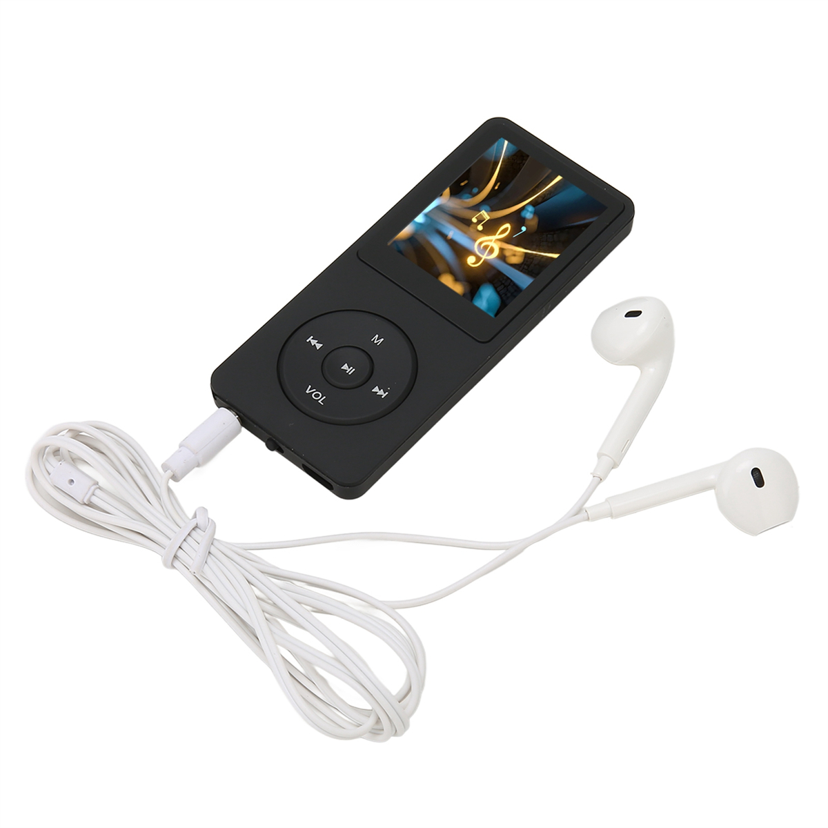 Schwarzer MP3-Player mit weißen Ohrhörern, weißes Kabel auf weißem Hintergrund.