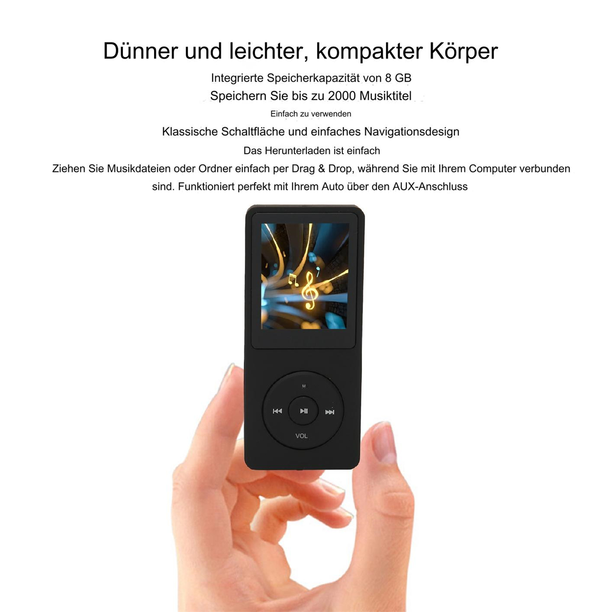 Ein kleiner schwarzer MP3-Player in der Hand, mit Bildschirm, der Noten zeigt, und Knöpfen.