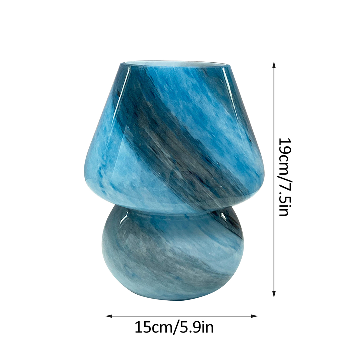 Blau-weiße pilzförmige Lampe mit Abmessungen in cm und Zoll auf weißem Hintergrund.