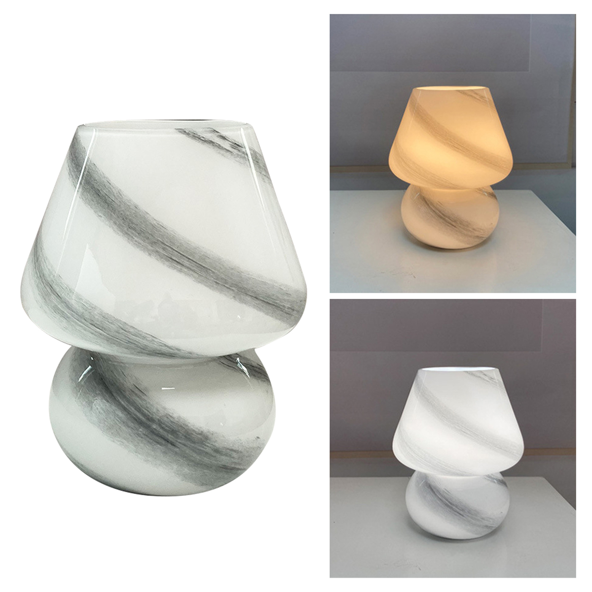 Drei Bilder einer pilzförmigen Tischlampe. Weiß-Grau-Farbschema, mit marmorartigen Mustern auf dem Glas.