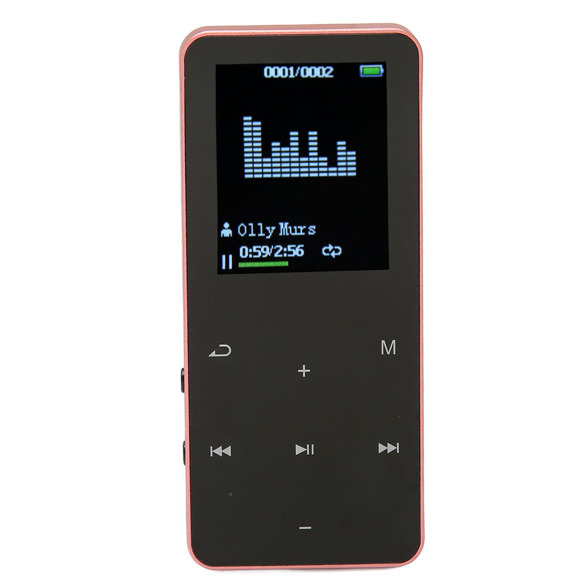 Ein schwarzer und pinkfarbener MP3-Player mit einem Bildschirm, der Musikinformationen zeigt.