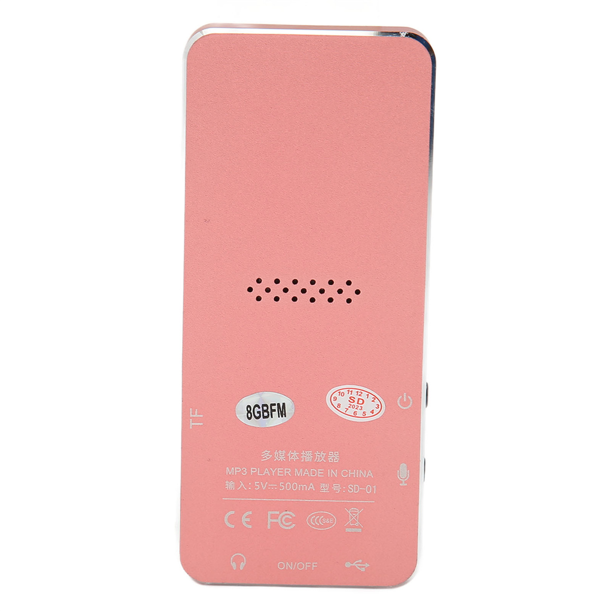 Rosa MP3-Player. Er hat einen TF-Kartensteckplatz, Tasten und einen kleinen Bildschirm.