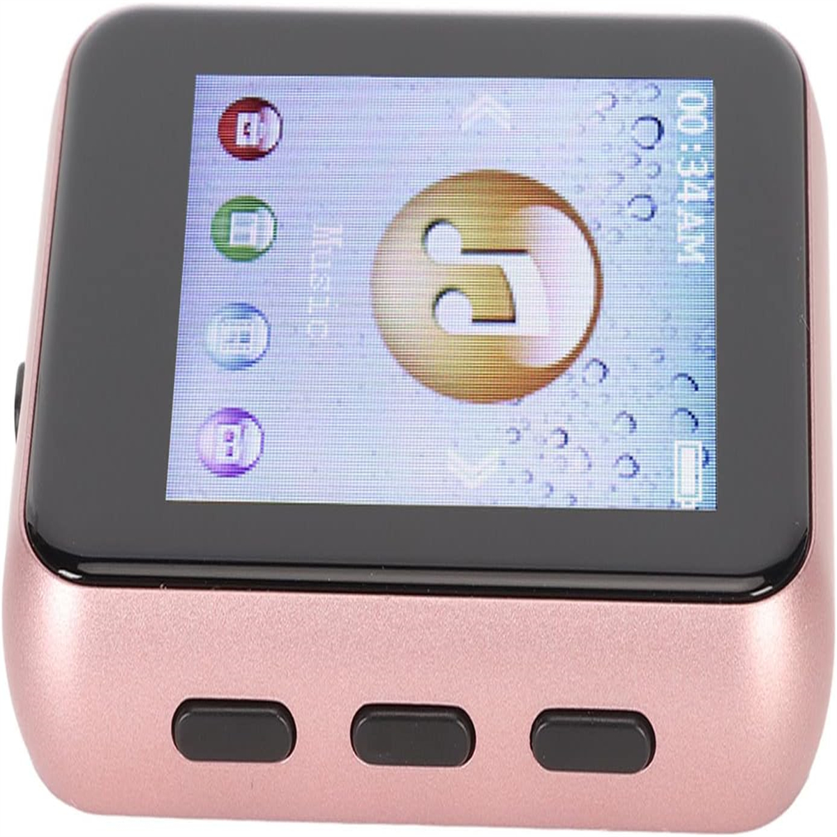 Ein roségoldener MP3-Player. Zeigt einen Bildschirm mit Symbolen und einem Musiknotensymbol.