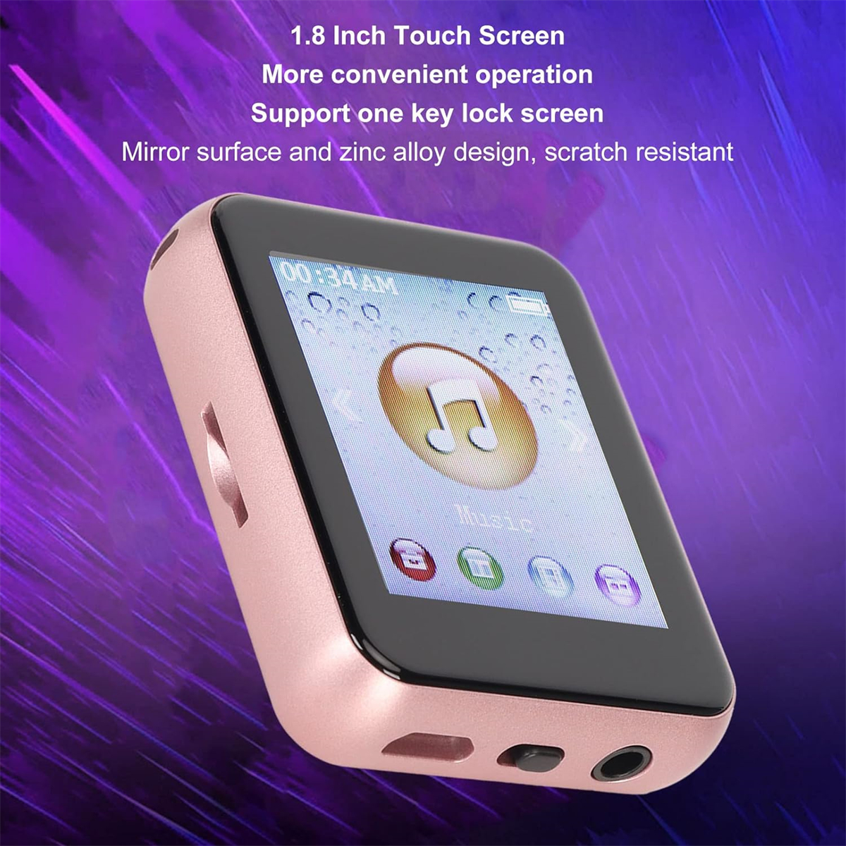 Ein roségoldfarbener MP3-Player, der ein Notensymbol auf dem Bildschirm zeigt.
