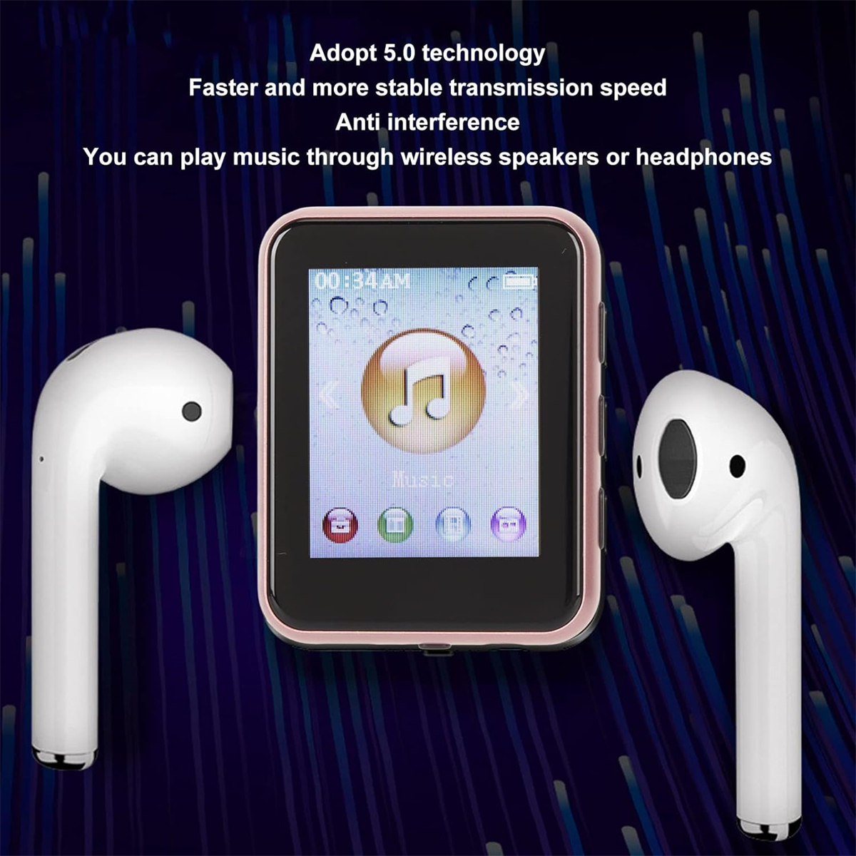 Kabellose Ohrhörer mit einem pinkfarbenen MP3-Player. Text zum Produkt wird angezeigt.