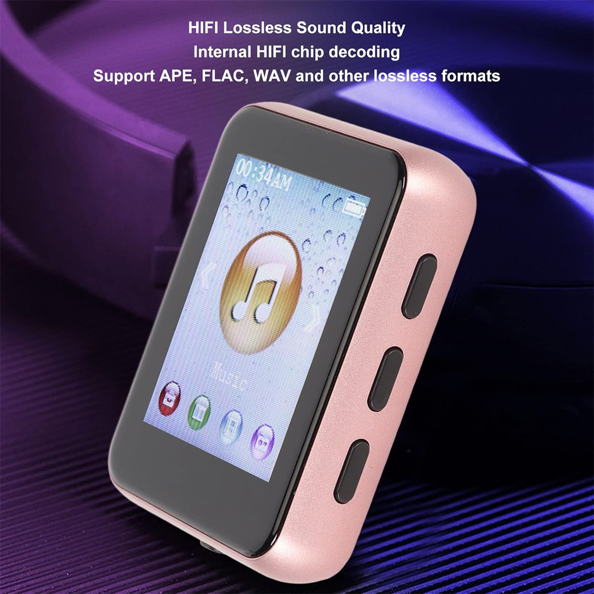 Rosa MP3-Player mit Musikanzeige. Es zeigt ein Noten-Symbol und eine Zeitanzeige.