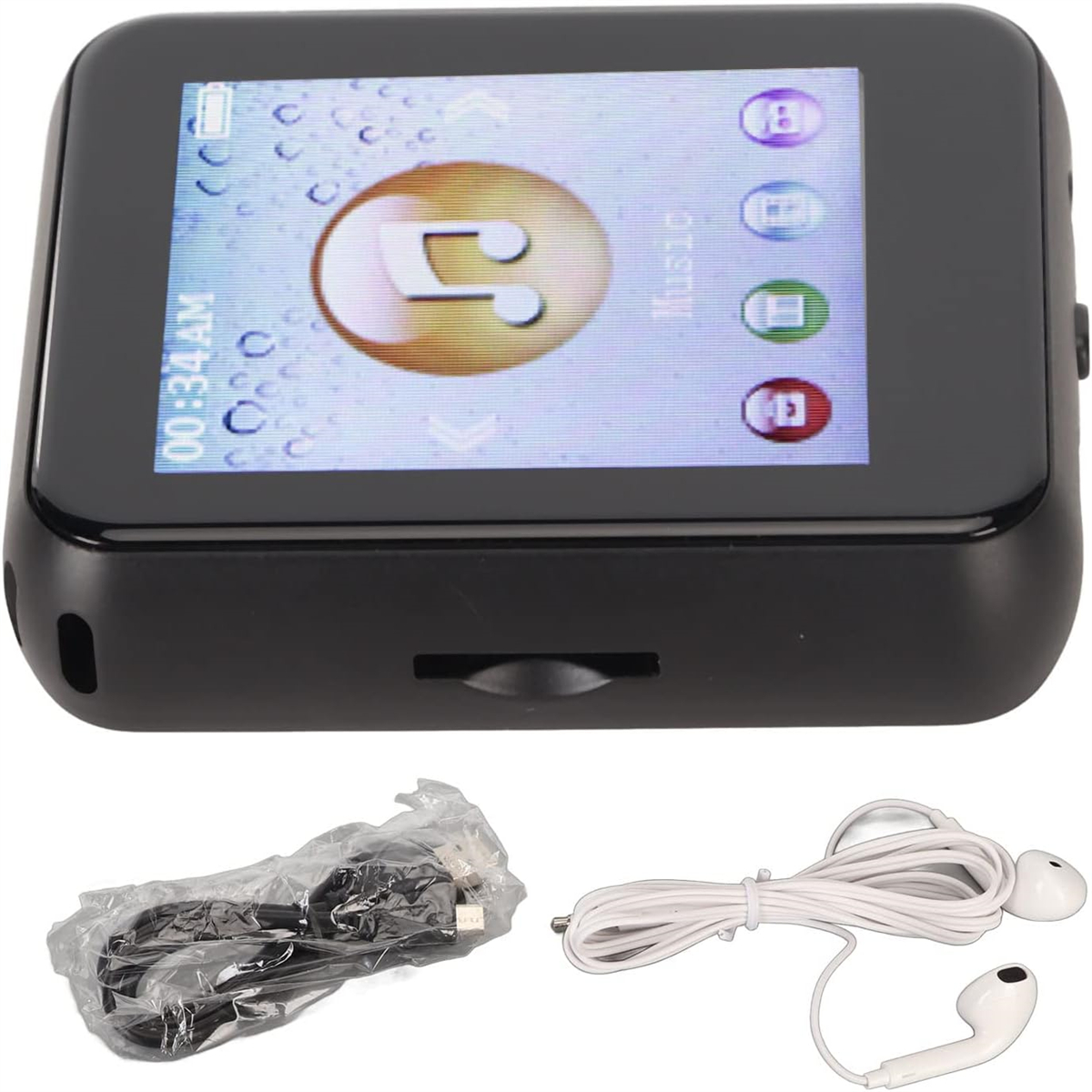 Schwarzer MP3-Player, Bildschirm zeigt Musik-Oberfläche, Kopfhörer und Kabel.