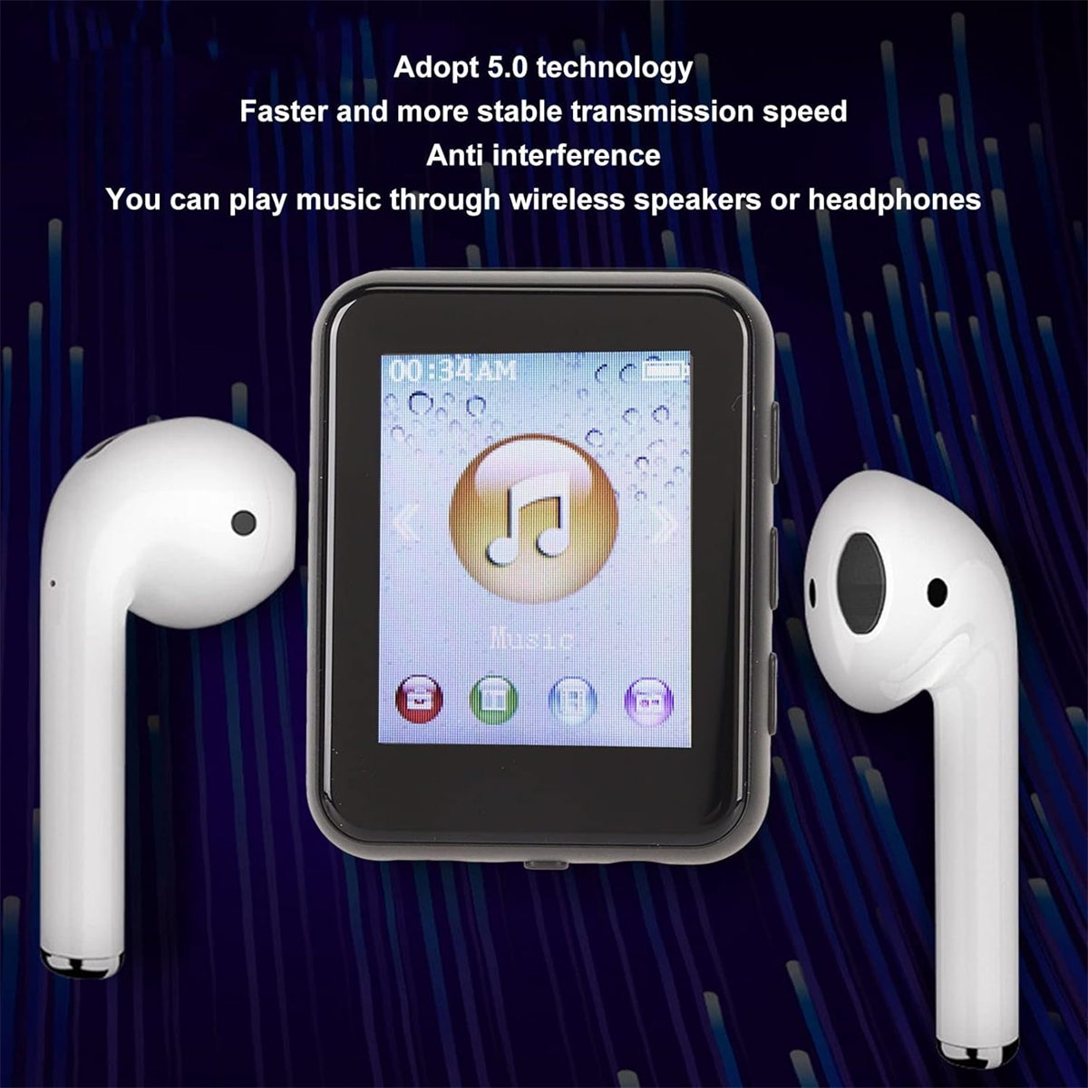 Schwarzer MP3-Player mit weißen Ohrhörern. Text über 5.0 Technologie und Musik.