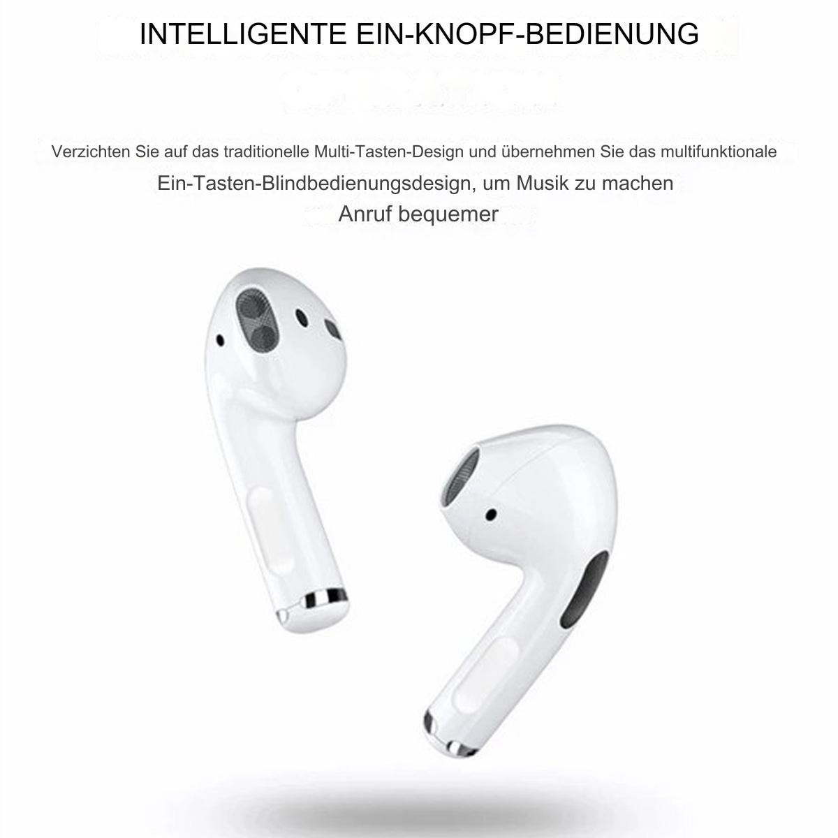 Zwei weiße kabellose Ohrhörer. Der Text oben lautet: INTELLIGENTE EIN-KNOPF-BEDIENUNG.