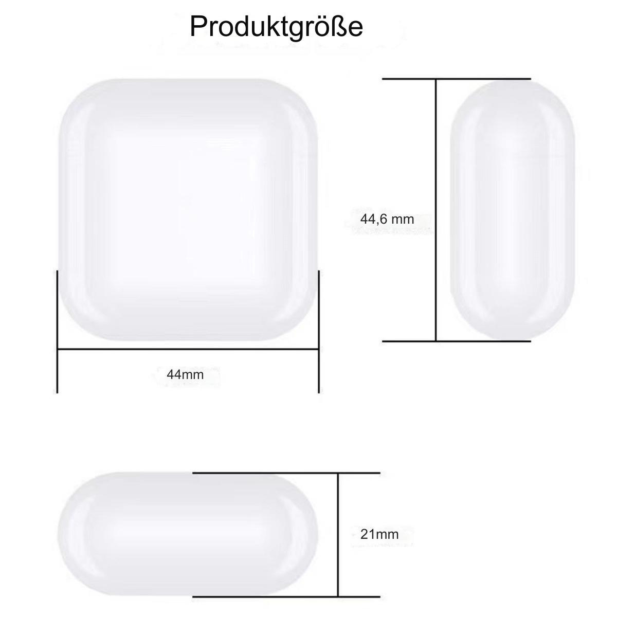 Ein weißes AirPods-Case mit Abmessungen: 44 mm x 44,6 mm x 21 mm.