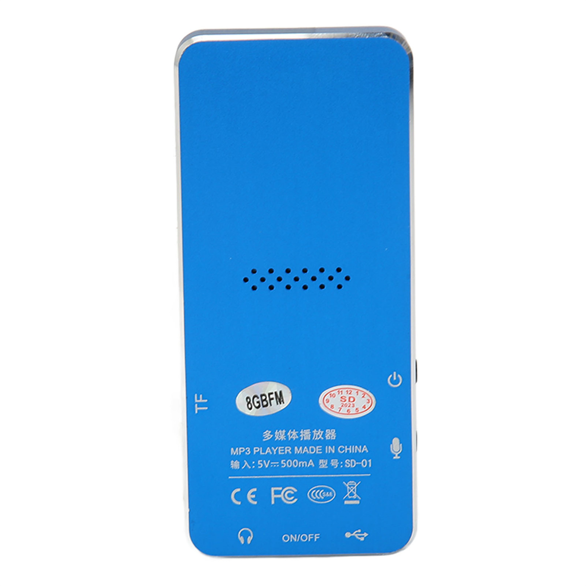 Blauer MP3-Player mit Bedienelementen, Text und Logos auf der Rückseite.