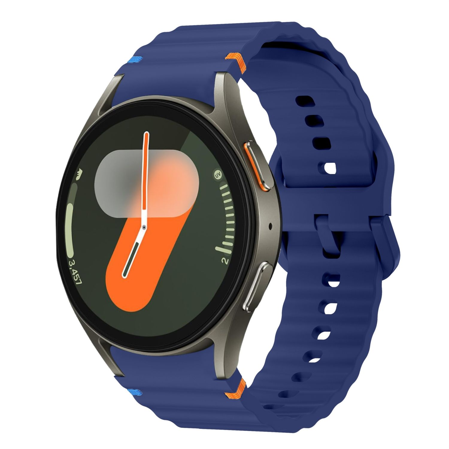 Eine blaue Smartwatch mit blauem Armband, die Informationen auf schwarzem Hintergrund anzeigt.