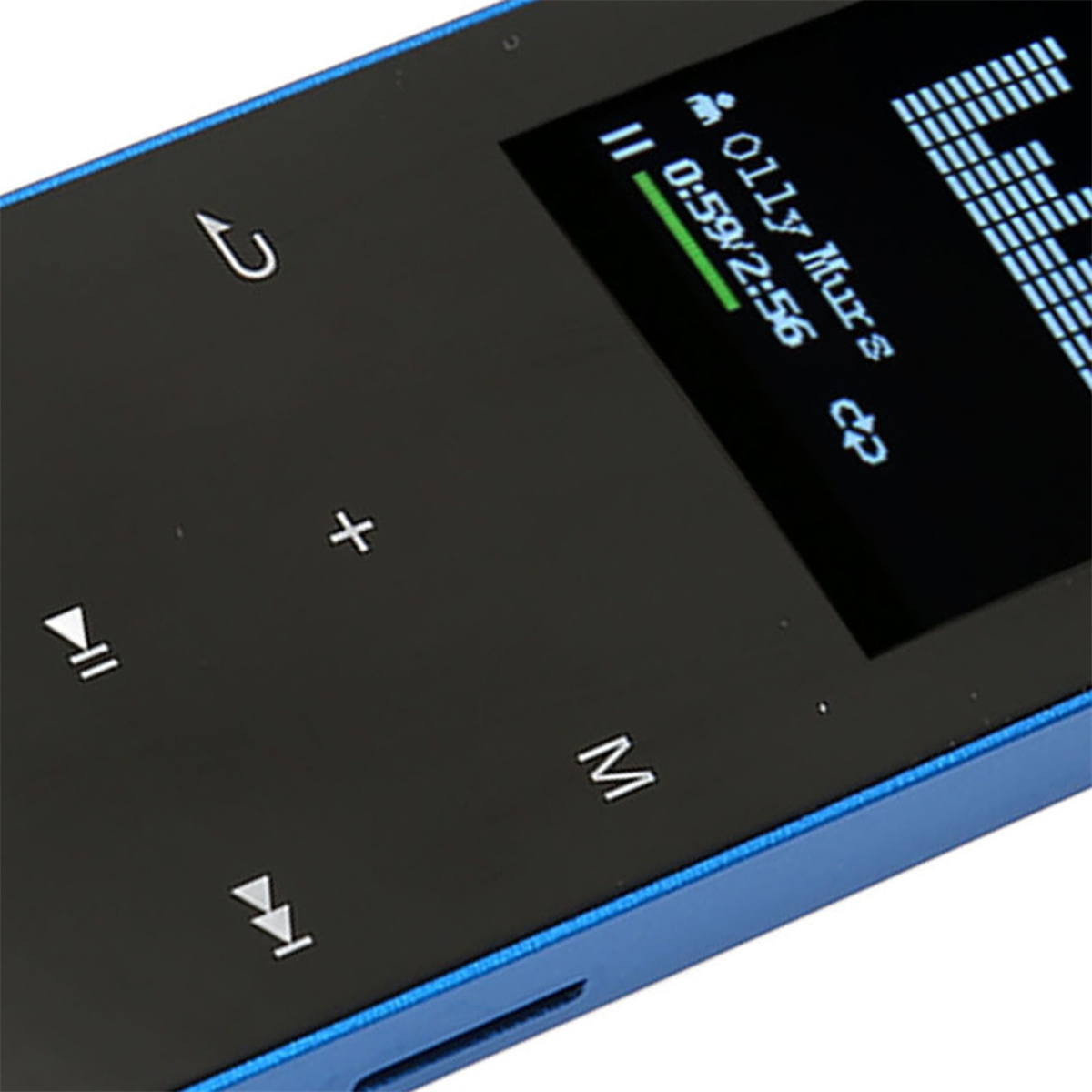 Blauer MP3-Player-Bildschirm. Er zeigt Songinformationen und Steuertasten.