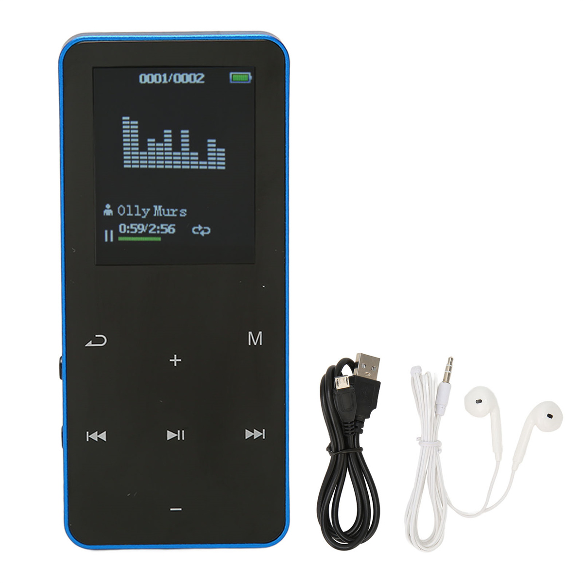 Ein schwarz-blauer MP3-Player mit Bildschirm, Knöpfen und Kopfhörern.