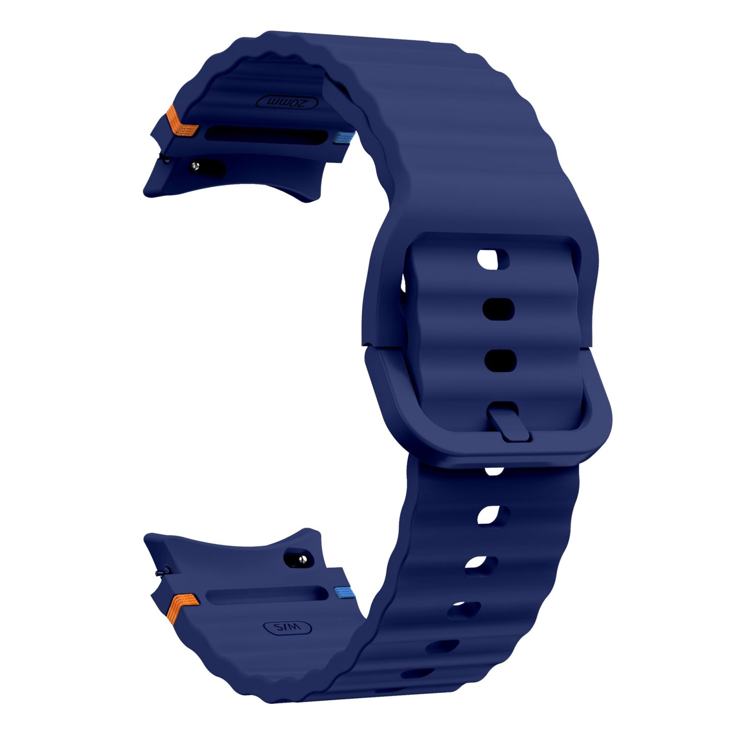 Dunkelblaues Smartwatch-Armband mit geriffelter Oberfläche und Schnalle.