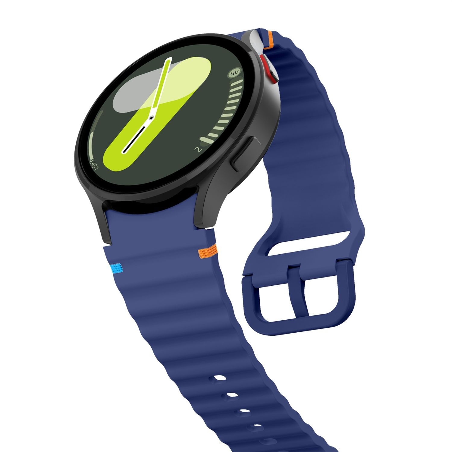 Schwarze Smartwatch mit blauem Armband. Das Zifferblatt zeigt eine gelbe Linie und Zahlen.
