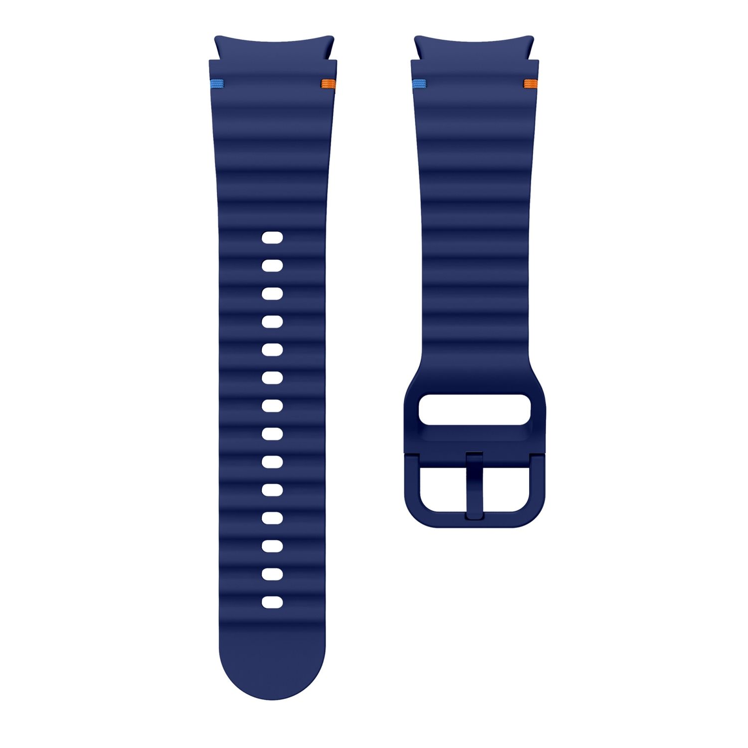 Blaue Uhrenarmbänder mit orangefarbenen Akzenten.