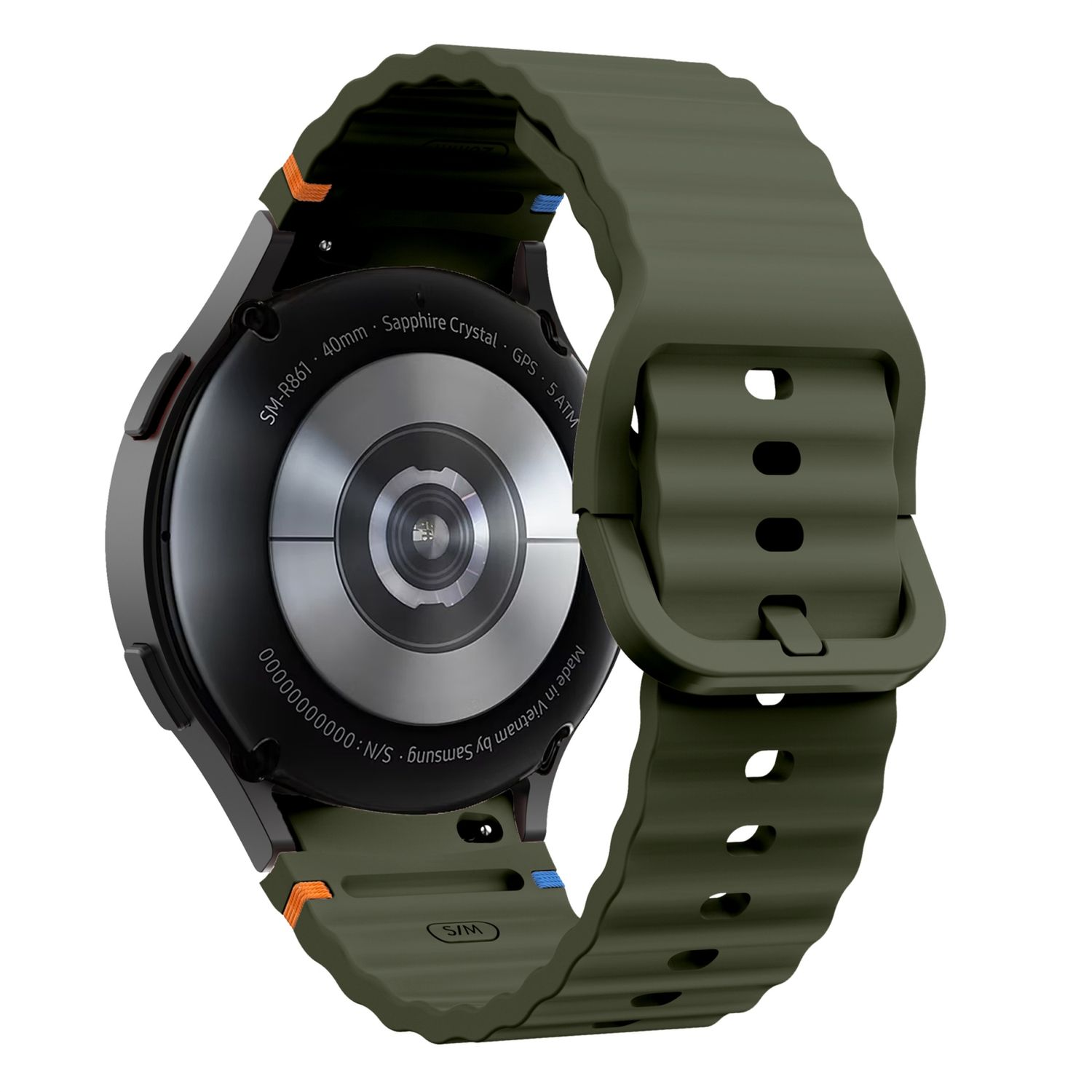 Nahaufnahme einer grünen Smartwatch mit grünem Armband. Das Zifferblatt zeigt Text und die Rückseite Infos.