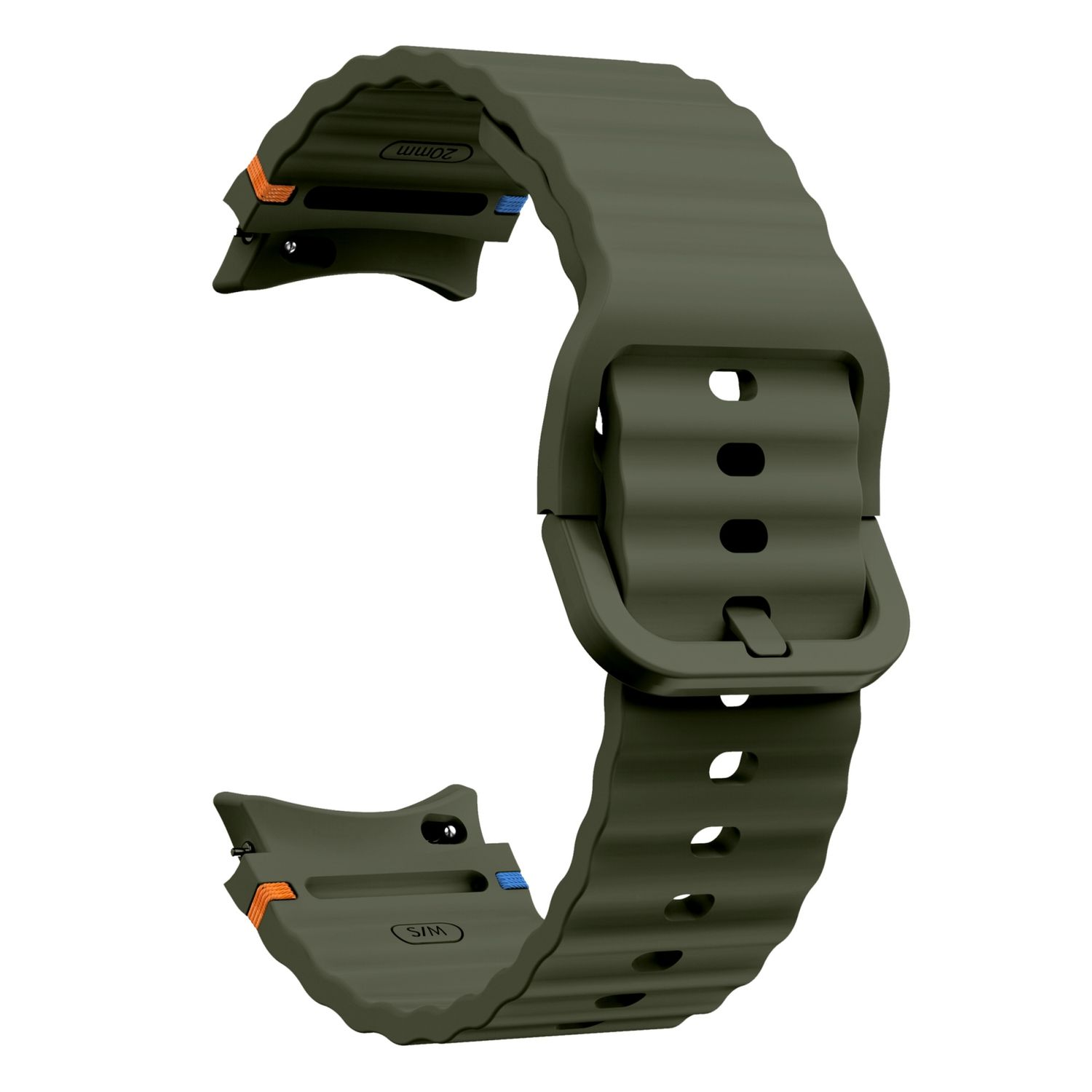 Olivgrünes Uhrenarmband. Schnalle und Riemendetails sichtbar. Isoliert auf weißem Hintergrund.