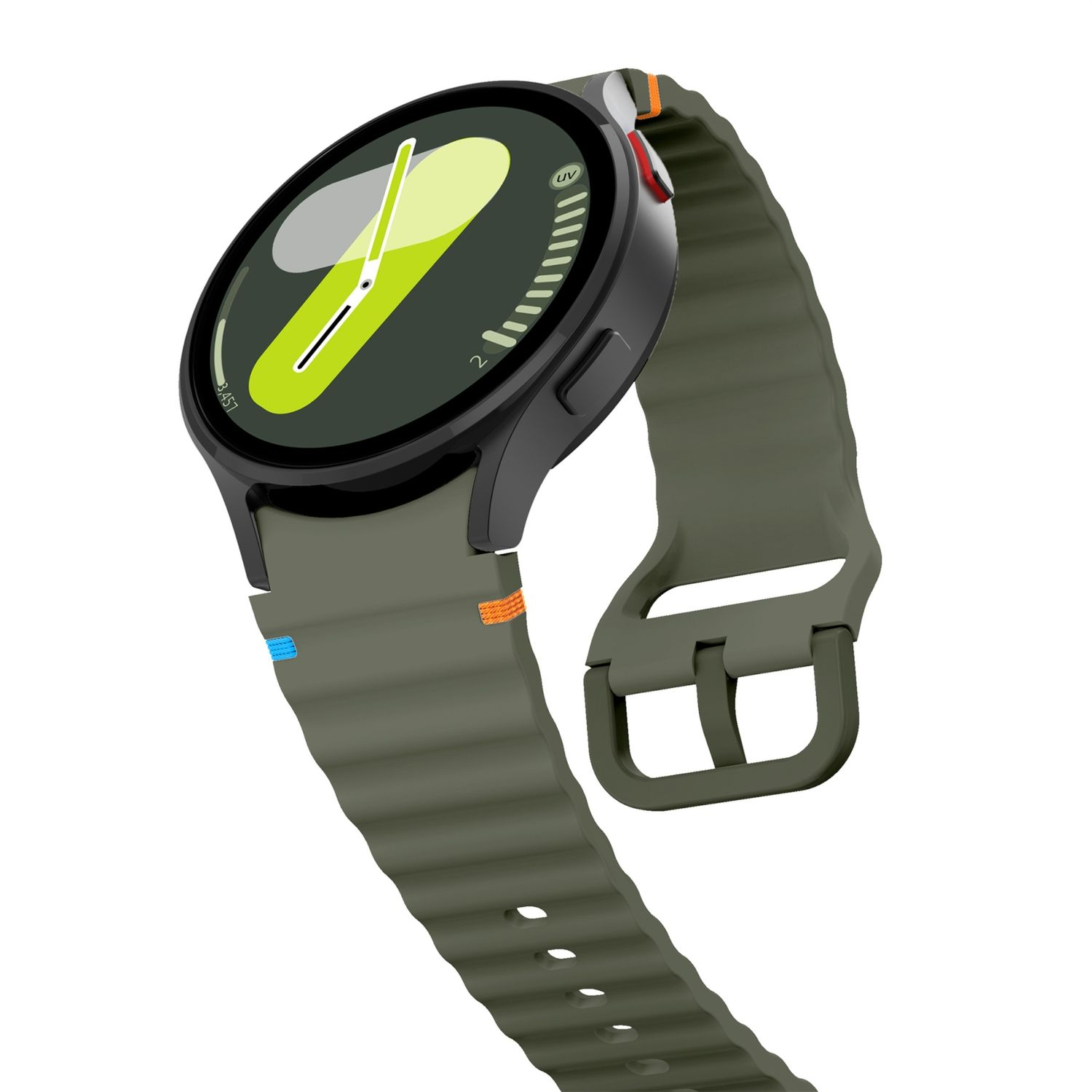 Smartwatch mit grünem Armband, schwarzem Gehäuse und grünem Display mit gelben Akzenten.