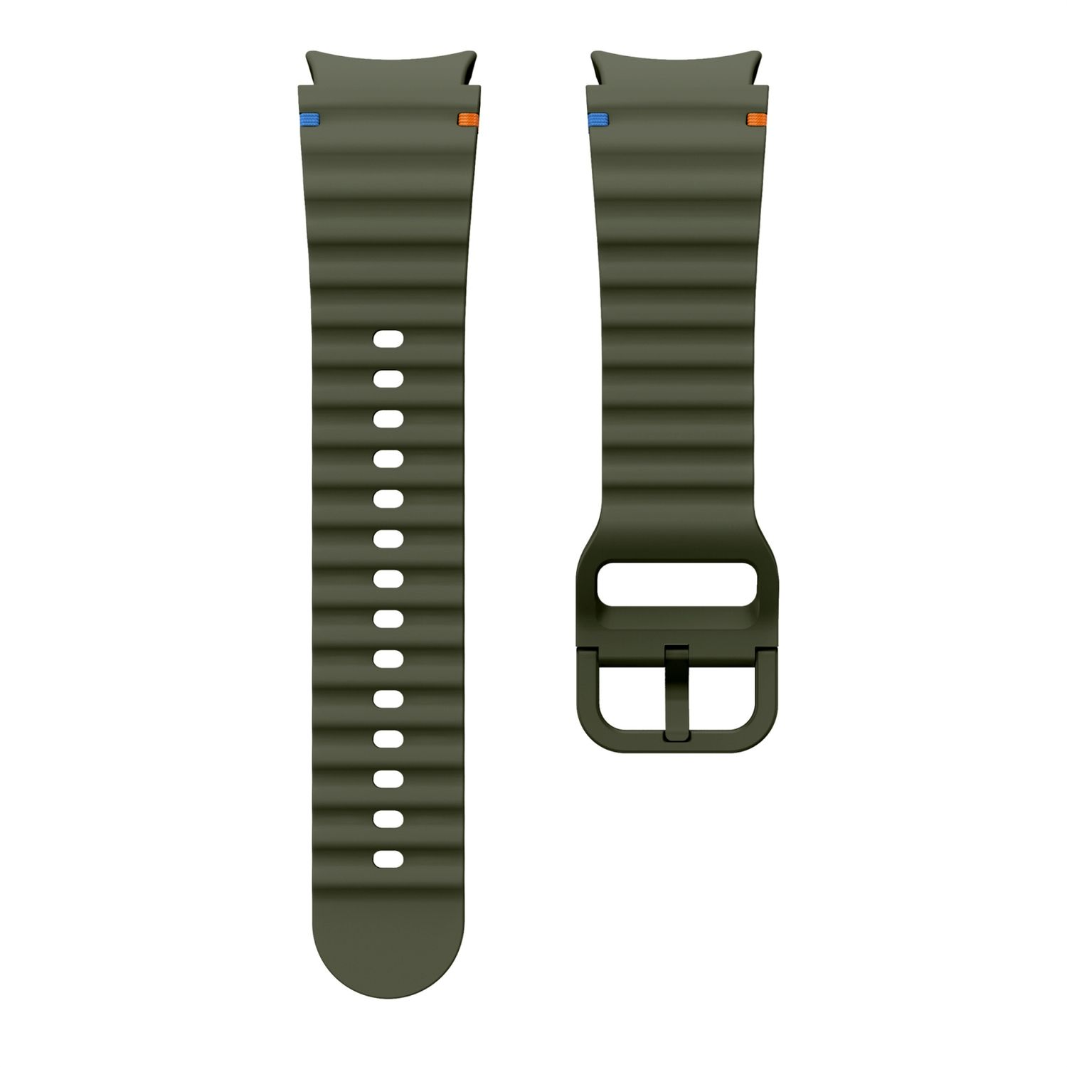 Olivgrüne Uhrenarmbänder mit Löchern und einer silbernen Schnalle.