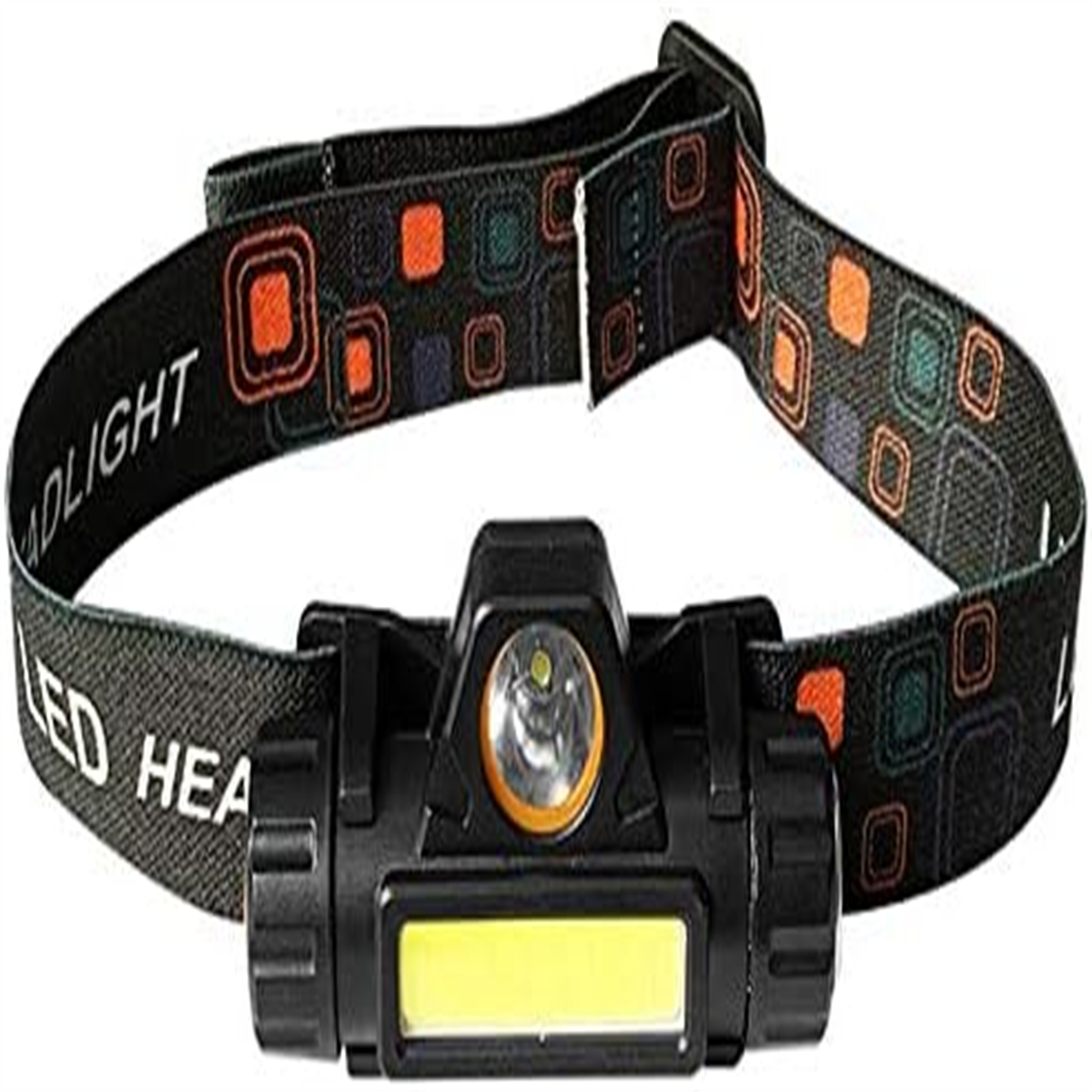 Stirnlampe mit Riemen. Schwarzes und oranges Licht, LED HEADLIGHT-Text auf dem Riemen.