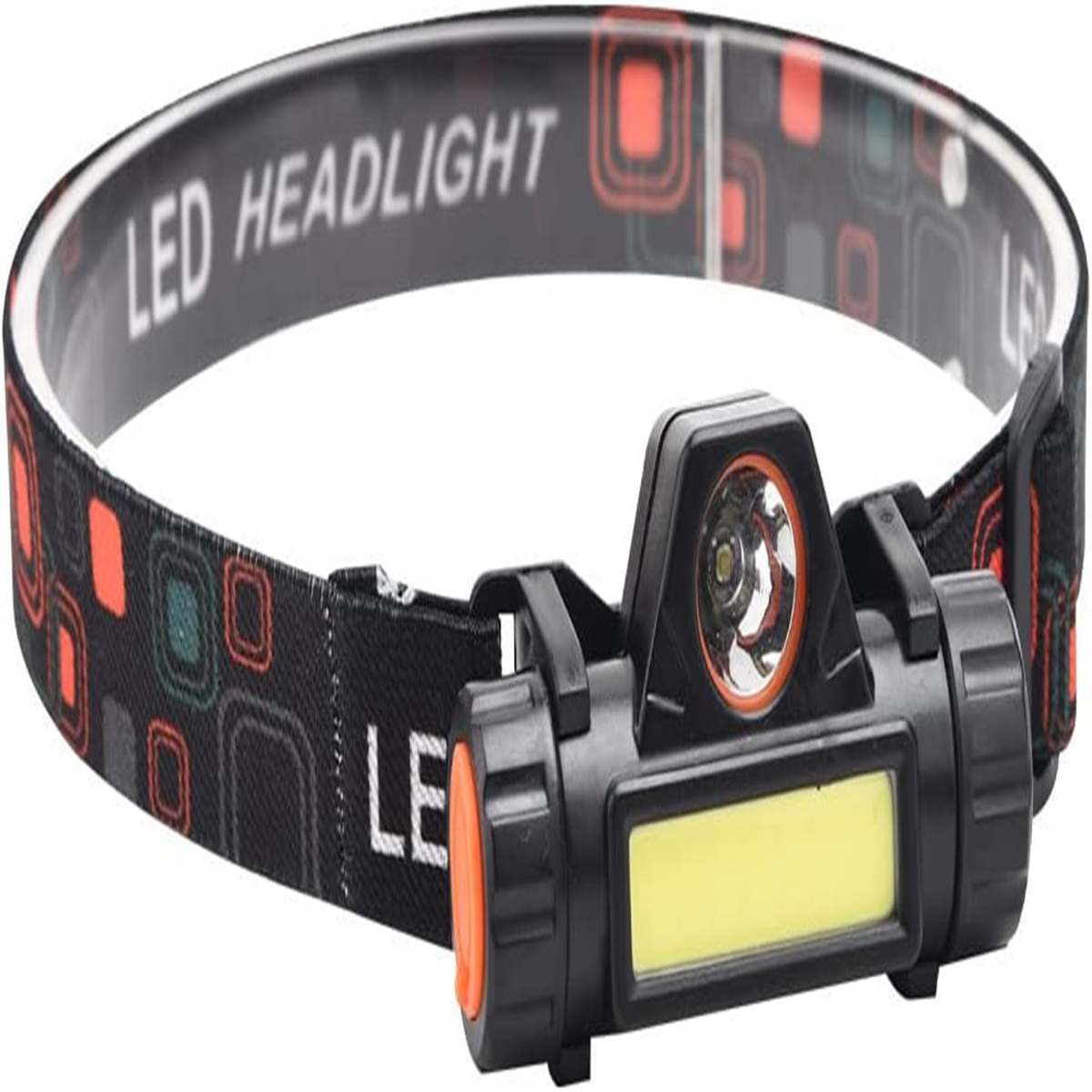 Schwarze LED-Stirnlampe mit einem schwarz-orangenen Musterband. Der Text 'LED HEADLIGHT' ist sichtbar.